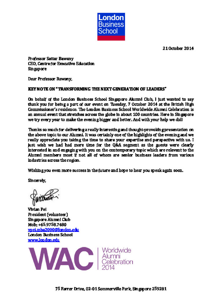 Testimonial from London Business School for Keynote Presentation on 21 October 2014